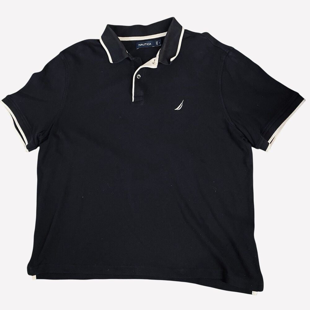 Nautica Black With White Trim Casual Short Sleeve Ringer Polo 100% Cotton Mens L